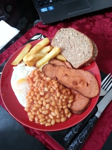 Quorn bacon, eggs, beans and chips